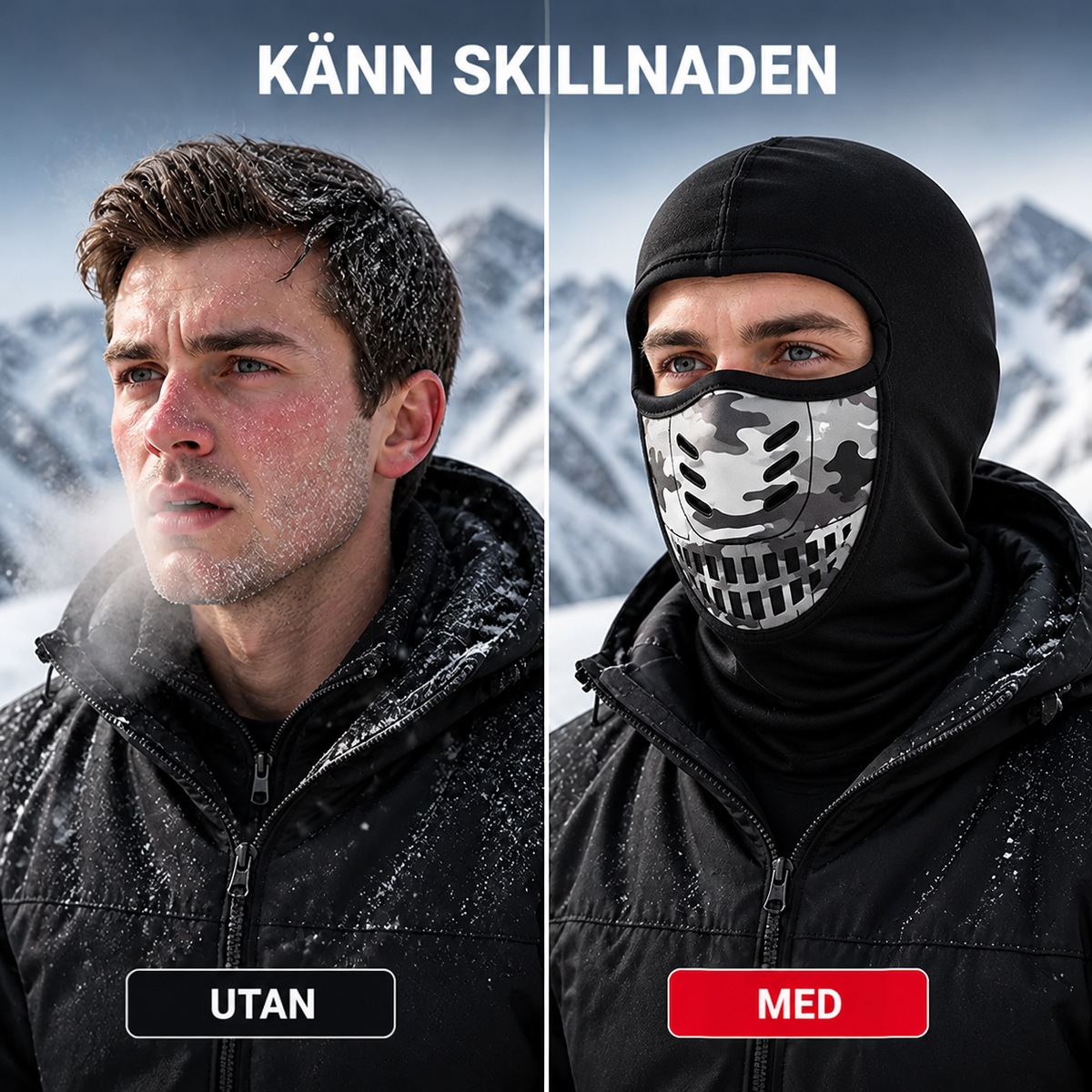 Jämförelse sida vid sida: man med frostigt ansikte utan mask till vänster och samme man med balaklava på till höger. 3