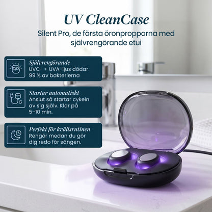 Svart fodral med lila UV-ljus står öppet vid ett handfat och rengör två öronproppar, med textrutor om funktionerna på tyska. 12