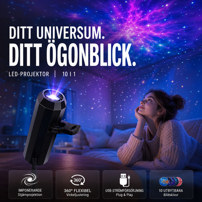 Svart facetterad projektor på ett bord lyser upp ett lila stjärnhimmelstak medan en kvinna ligger och tittar upp 2