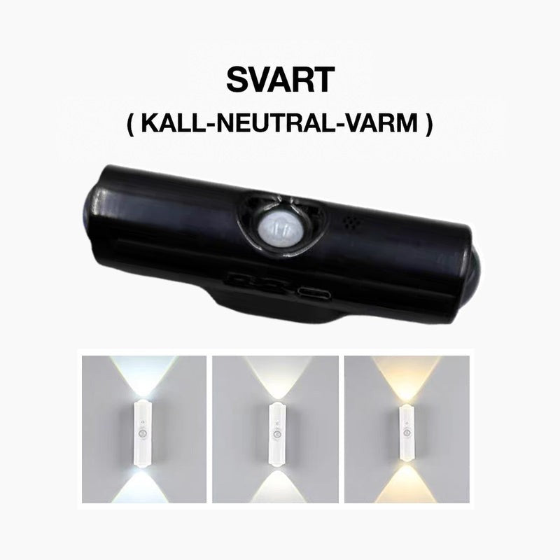 Svart vägglampa med rörelsesensor, under den tre bilder av ljus i vitt, neutralt och varmt 3