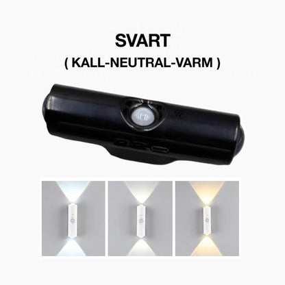 Svart vägglampa med rörelsesensor, under den tre bilder av ljus i vitt, neutralt och varmt 3