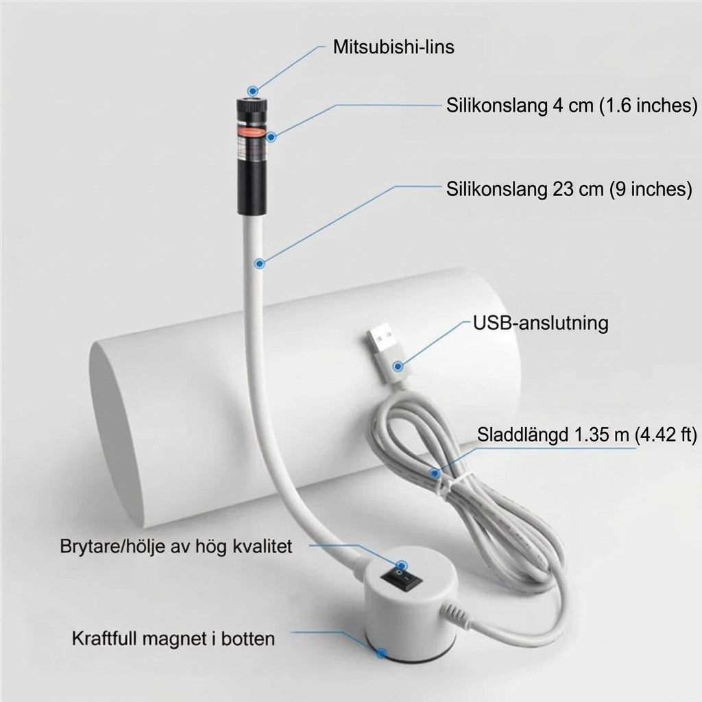 Produktens delar märkta på vit bakgrund: laserhuvud, böjlig slang, USB-kontakt, sladd, strömbrytare och magnetfot 4