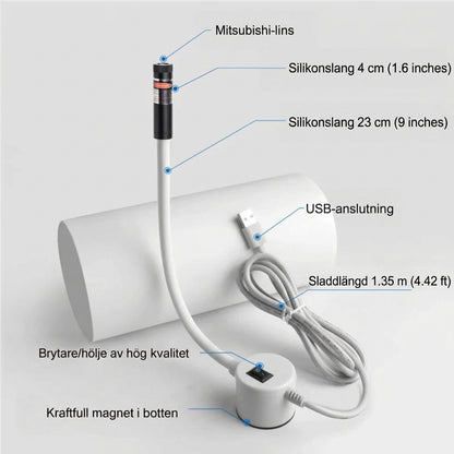 Produktens delar märkta på vit bakgrund: laserhuvud, böjlig slang, USB-kontakt, sladd, strömbrytare och magnetfot 4