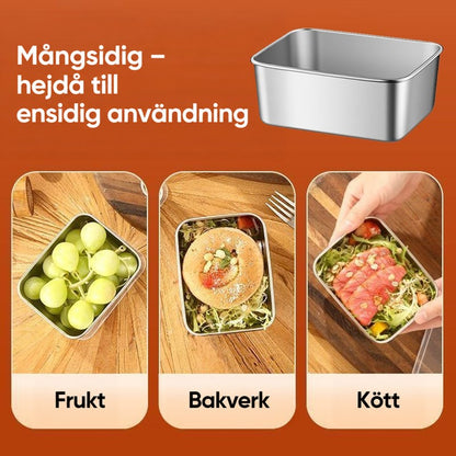 Tre exempel på användning: druvor, en bakelse med sallad och skivad kött i burkar av rostfritt stål, med en tom burk överst. 6
