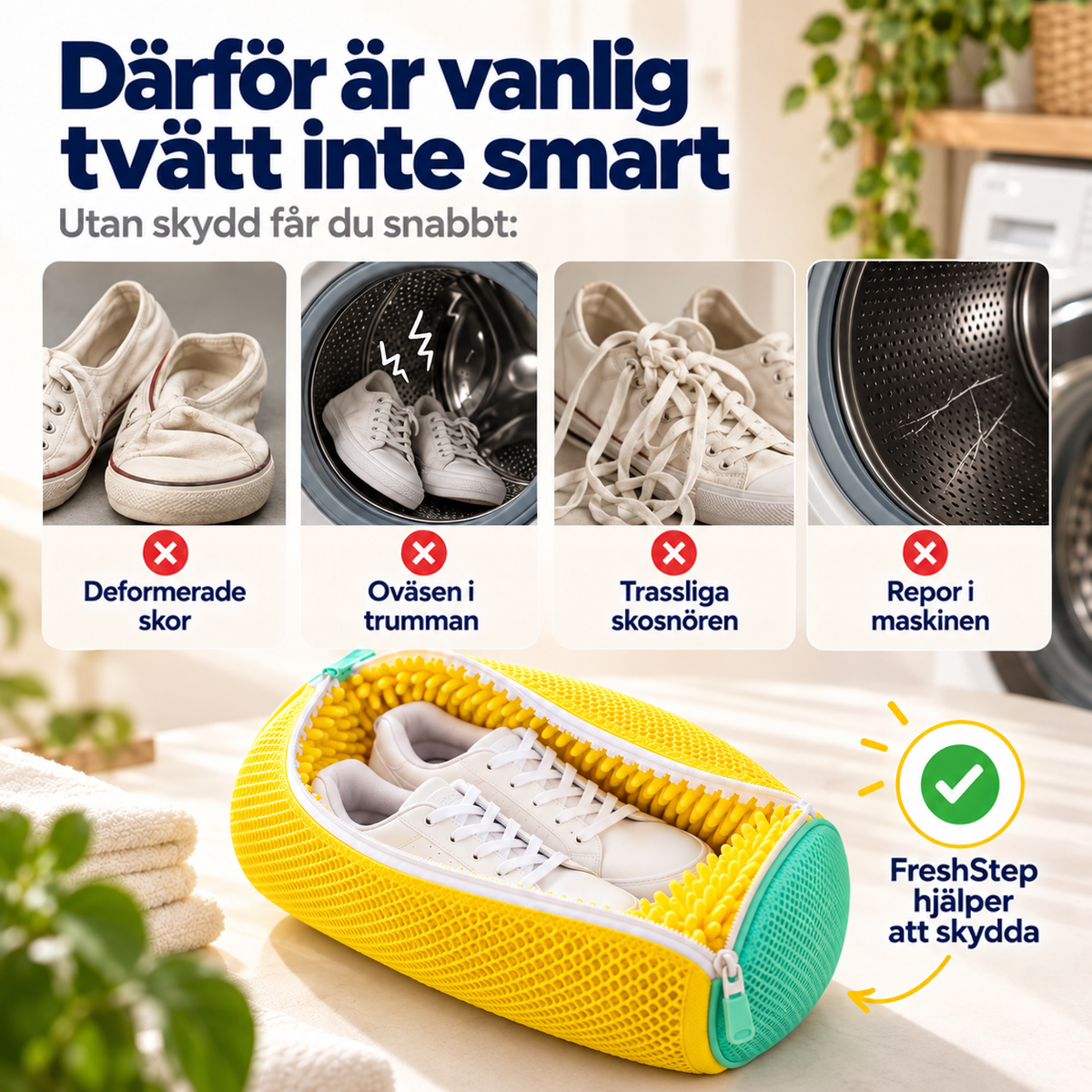Fyra små bilder på skador vid vanlig skotvätt, med den gula tvättpåsen med sneakers nedanför 2