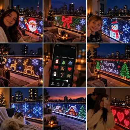 Collage med nio bilder av ljusgardinen på balkonger, med tomte, ren, hjärtan, snögubbe, mobilapp och glada människor 6