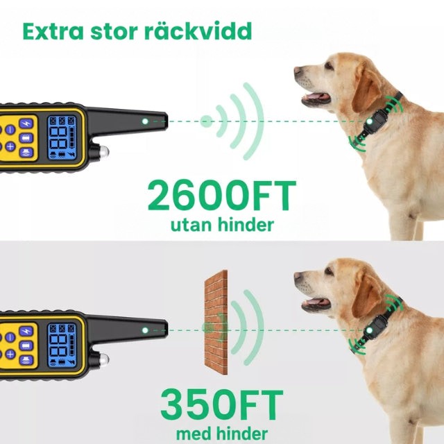 Illustration av fjärrkontrollens räckvidd, längre utan hinder och kortare genom en tegelvägg, med labrador 4