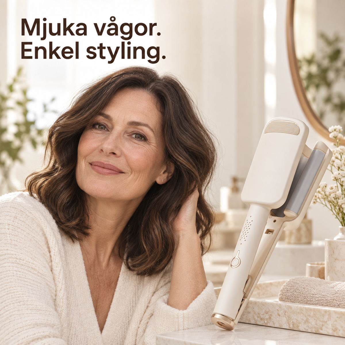 Leende kvinna med vågigt brunt hår sitter vid ett badrumsbord bredvid den beigea vågtången 1