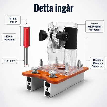 Innehållet i paketet: mallen med orange platta och aluminiumskenor, en röd rak fräsbits med skaft, samt mått utritade. 7