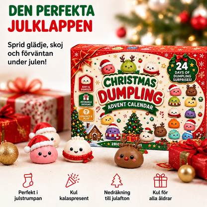 Kartongen med fyra figurer med tomteluva, halsduk och renhorn framför inslagna julklappar och julkulor 2