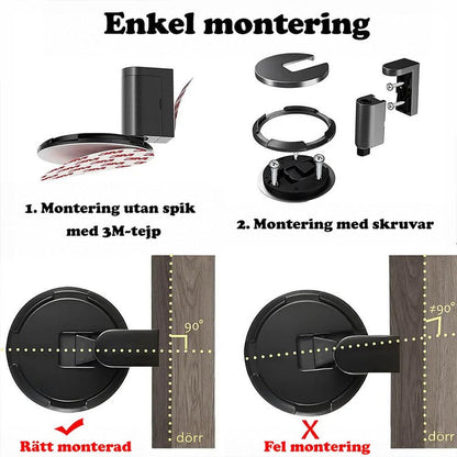 Monteringsguide med två sätt att fästa dörrstoppet, med dubbelhäftande tejp eller skruv, samt rätt och fel placering 4