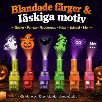 Sex fingerlampor i olika färger står på rad och projicerar spöke, pumpa, fladdermus, häxa, spindel och ett frågetecken-motiv 7