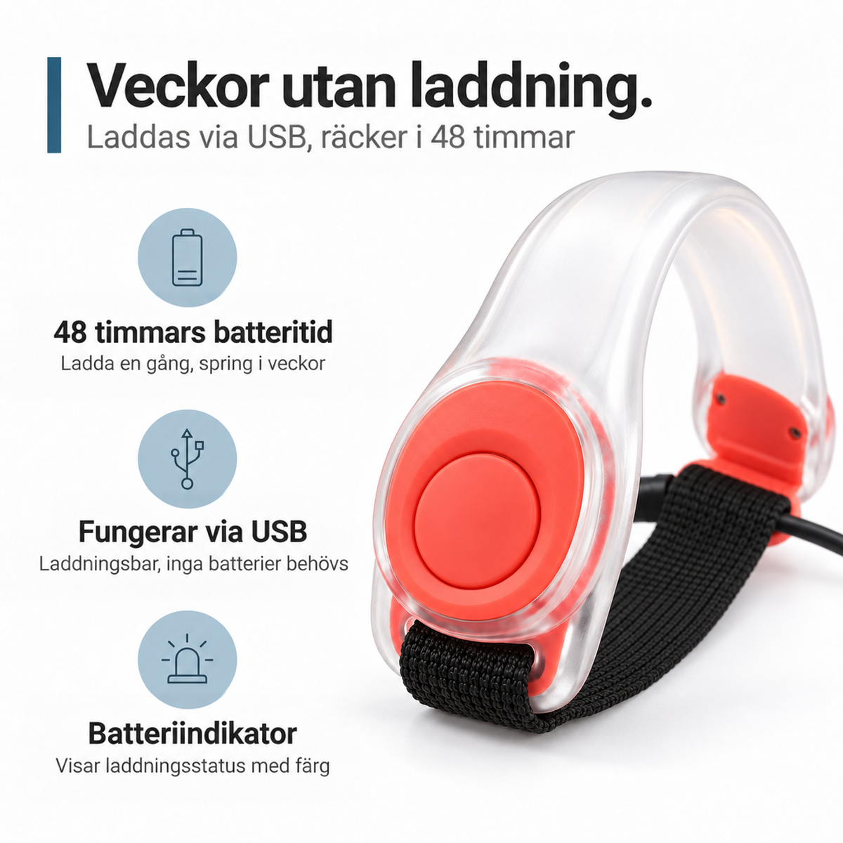 Armbandet med röda detaljer sett snett framifrån, med laddsladd inkopplad och ikoner för batteri och USB-laddning 5