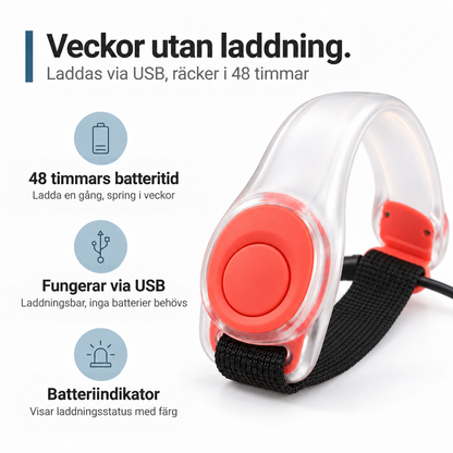Armbandet med röda detaljer sett snett framifrån, med laddsladd inkopplad och ikoner för batteri och USB-laddning 5