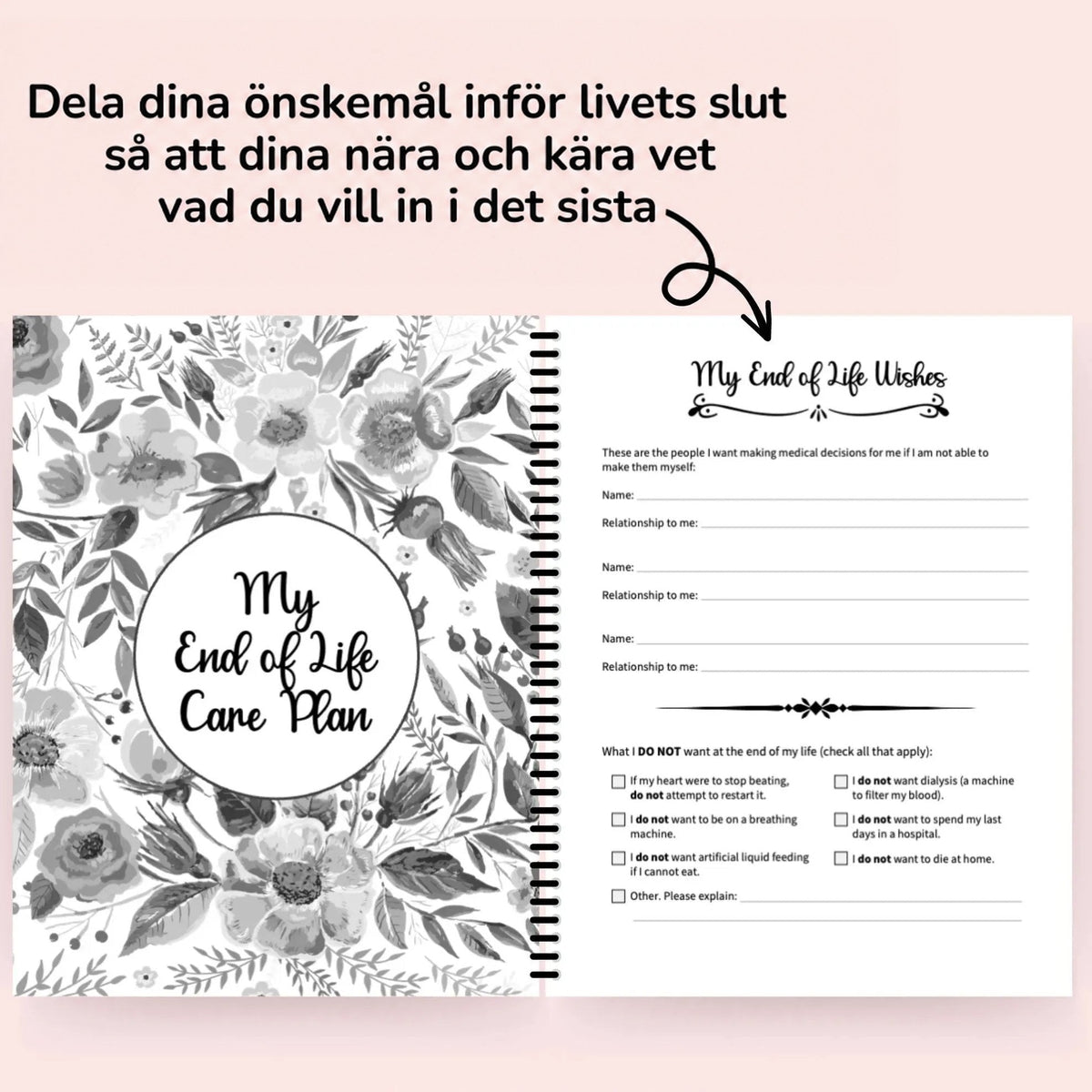 Uppslag med blommigt avdelningsblad för vårdplan till vänster och ifyllbar sida om medicinska önskemål med kryssrutor till höger, mot rosa bakgrund. 7