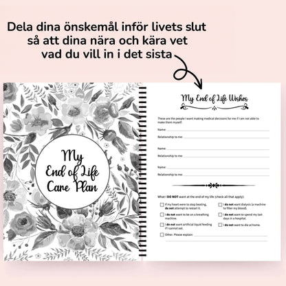 Uppslag med blommigt avdelningsblad för vårdplan till vänster och ifyllbar sida om medicinska önskemål med kryssrutor till höger, mot rosa bakgrund. 7