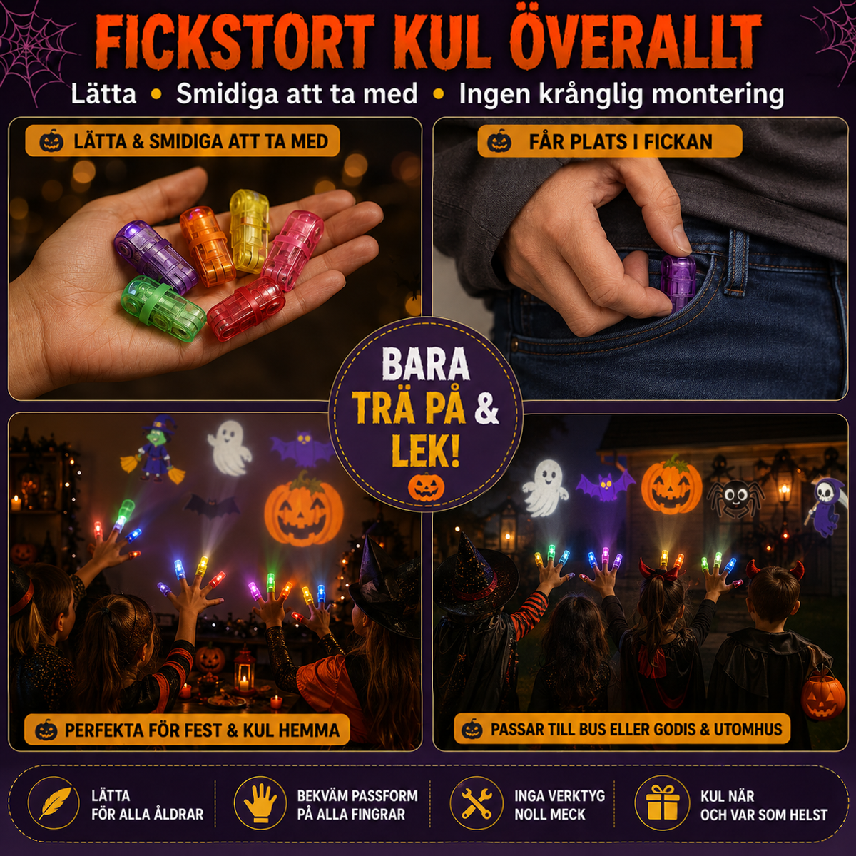 Fyra bilder: lampor i en handflata, en lampa i jeansfickan, barn som projicerar på en fest och utomhus 13