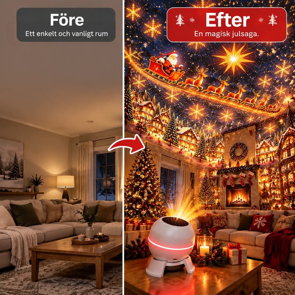 Före- och efterbild av ett vardagsrum, först vanligt och sedan fyllt av projicerade julmotiv 3