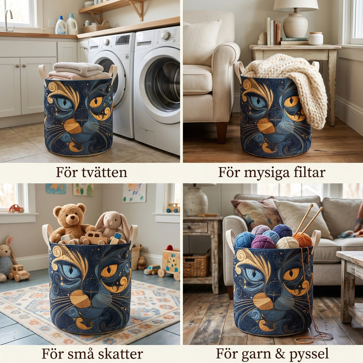 Collage med fyra miljöbilder där korgen används för tvätt, mysiga filtar, leksaker och garn med stickor i olika rum. 2