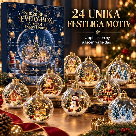 Marinblå adventskalenderask med snöglob bakom åtta genomskinliga julkulor med tomte, ren, snögubbe och pepparkakshus 1