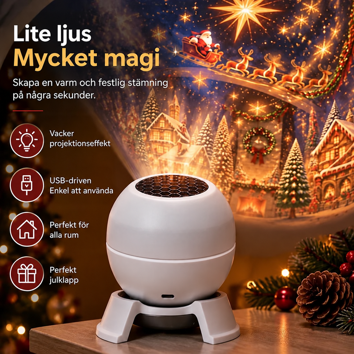 Närbild på den vita projektorn på ett bord, med symboler för ljuseffekt, USB-drift, användning i alla rum och julklapp. 4