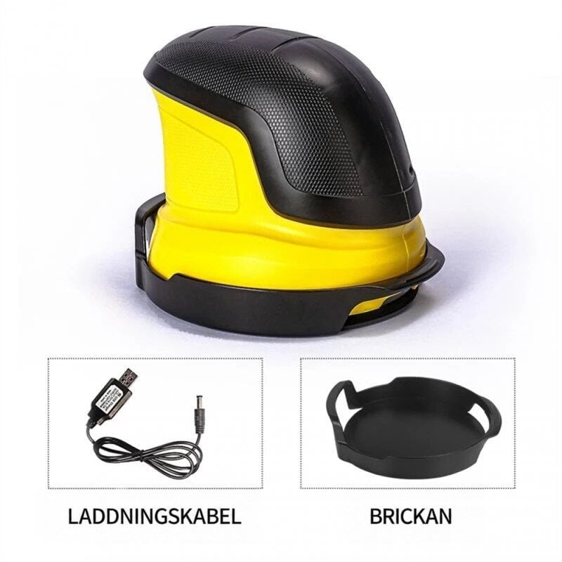 Isskrapan i sin hållare, med USB-laddkabel och separat bricka visade nedanför 6
