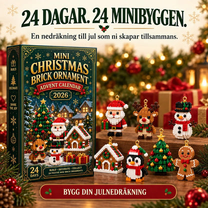 Förpackningen intill sju färdiga figurer på en trähylla: tomte, ren, snögubbe, pepparkakshus, pingvin, julgran och pepparkaksgubbe. 8