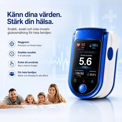 Monitorn på ljus bakgrund med en leende familj med två barn nedanför och fyra symboler för egenskaper till vänster. 5