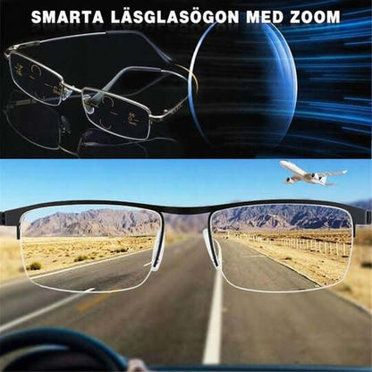 Collage med metallbågade glasögon ovanför en bild av en öppen landsväg sedd genom glasen 4