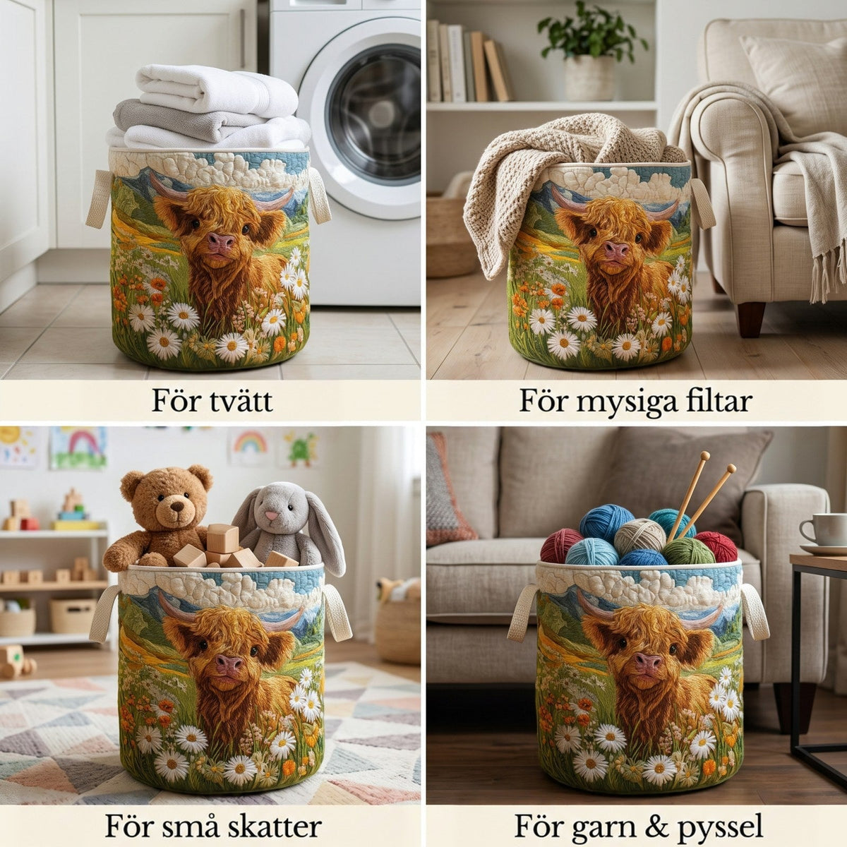 Fyra bilder av korgen i olika rum, fylld med handdukar, en stickad filt, gosedjur med klossar och garnnystan. 2
