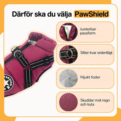 Vinröd hundjacka med sele bredvid cirkelutsnitt som visar justerbar passform, D-ring, mjuk fodring och regnskydd. 5