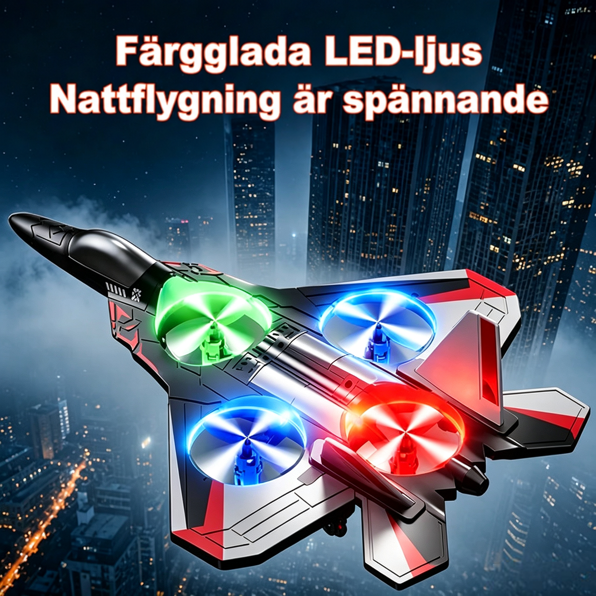 Stridsflygplanet med röd-vita detaljer flyger nattetid över en dimmig stadssilhuett med gröna, blå och röda lysande propellerringar. 1