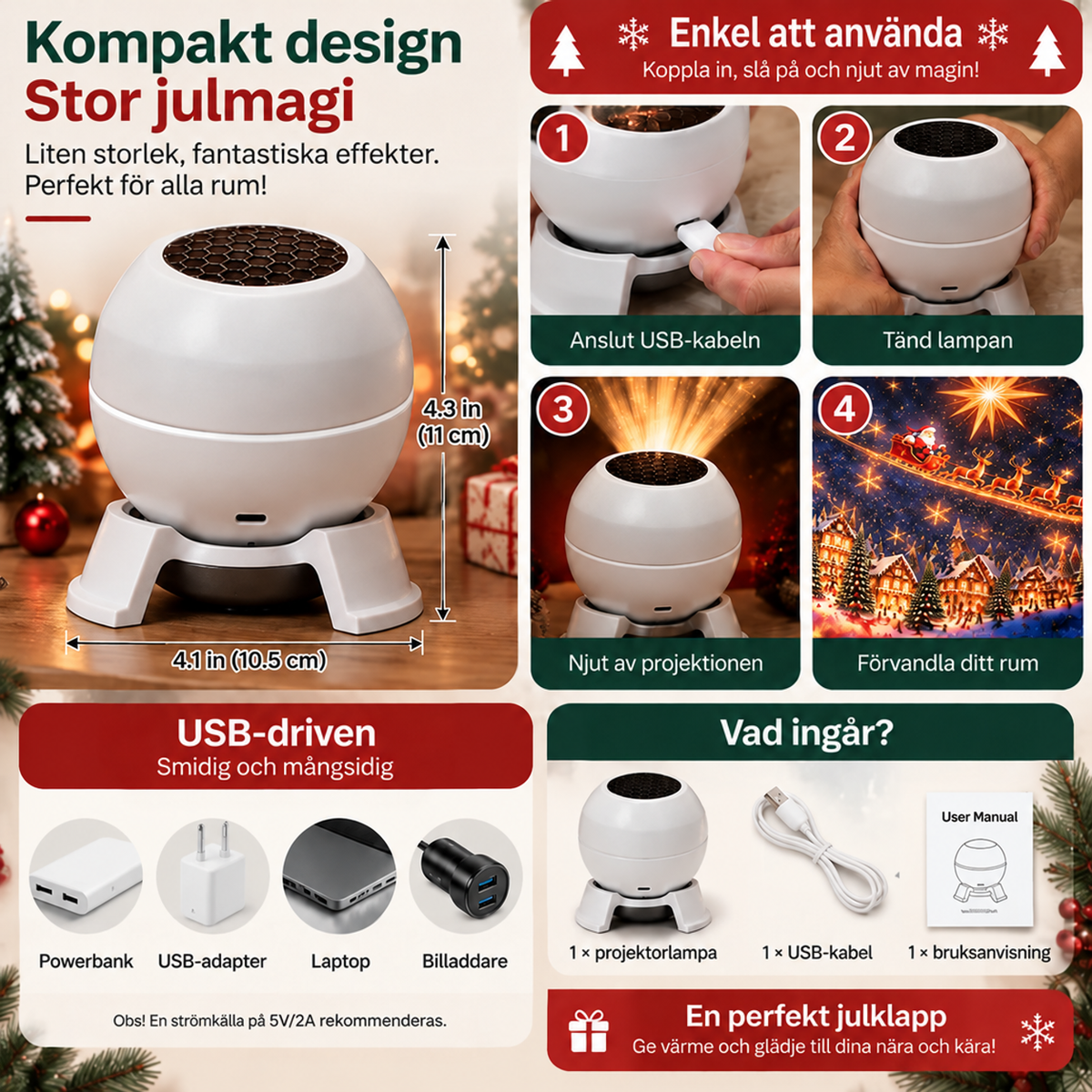 Infografik med projektorns mått, fyra användningssteg, strömkällor via USB och innehållet i förpackningen: projektor, USB-kabel och manual. 7