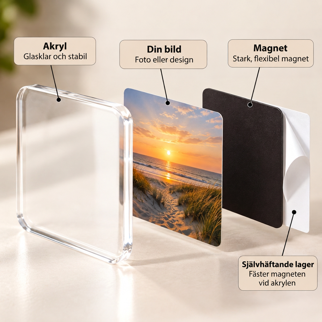 Sprängskiss över magnetens lager: klar akryl, en solnedgångsbild, svart magnet och självhäftande skikt 3