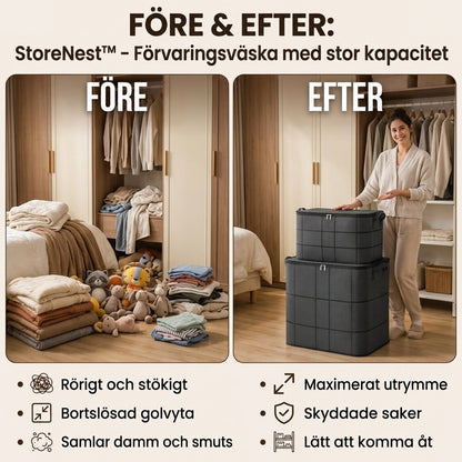 Före och efter i en garderob: till vänster röriga högar med kläder och gosedjur, till höger två staplade svarta förvaringspåsar och en leende kvinna. 3