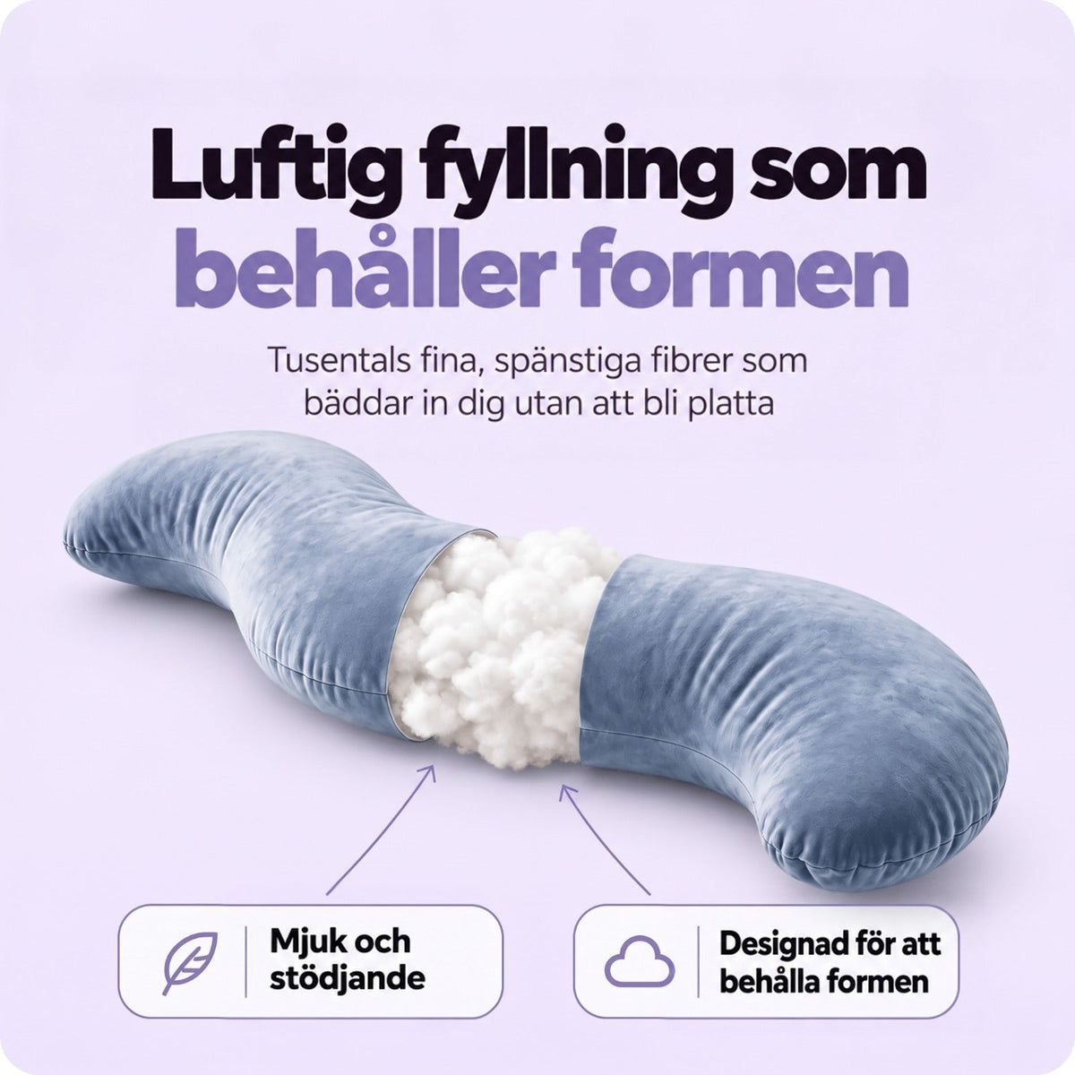 Kudden delvis genomskuren så att den vita, fluffiga fibervaddfyllningen syns inuti 4