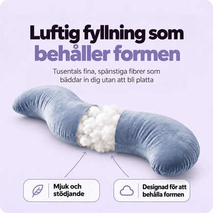Kudden delvis genomskuren så att den vita, fluffiga fibervaddfyllningen syns inuti 4