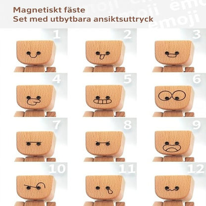 Tolv numrerade ansiktsuttryck som kan bytas på trähuvudet, till exempel leende, tunga ute, argt och gråtande. 8