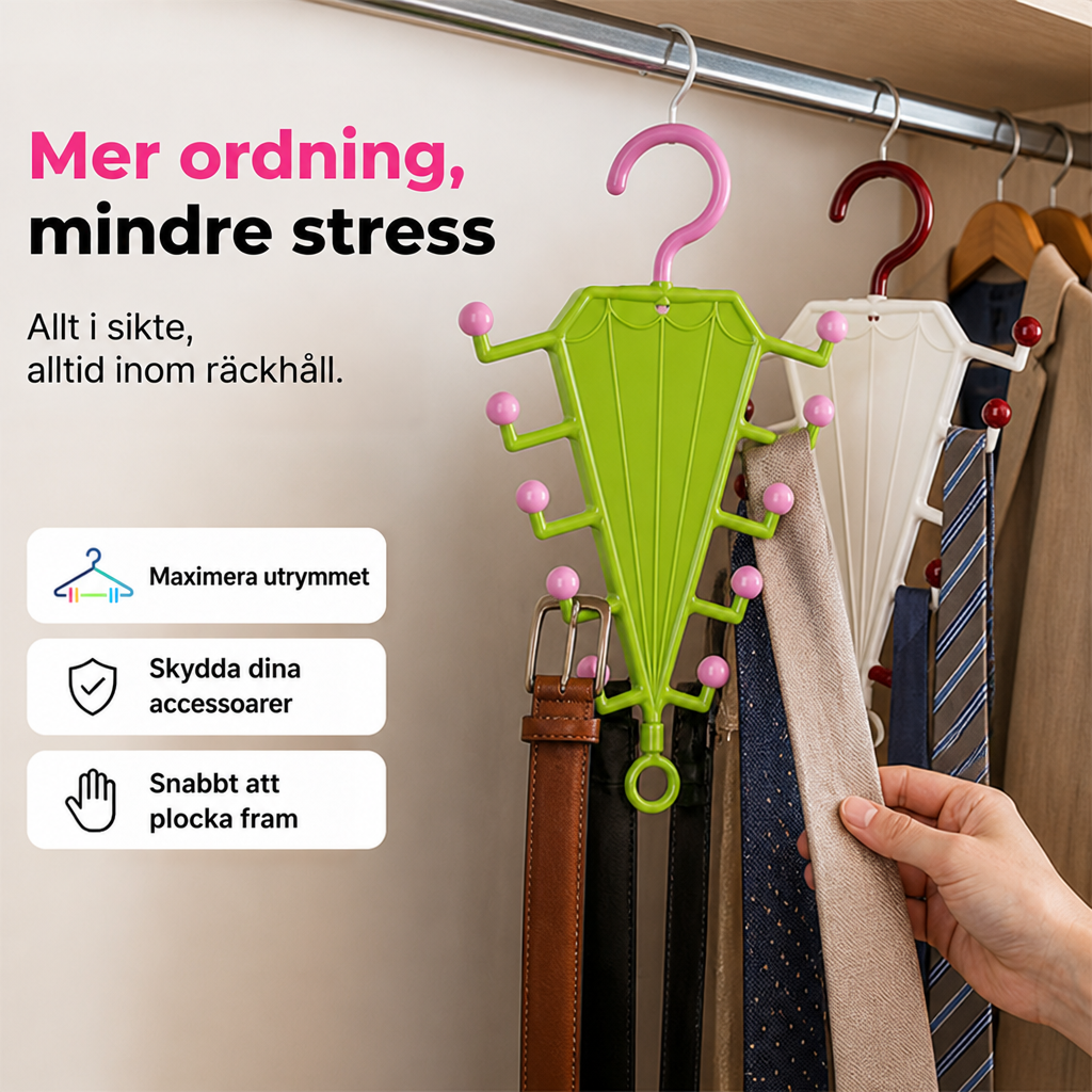 Grön och vit galgstång hängande i garderoben, fyllda med bälten och slipsar, en hand tar en slips 5