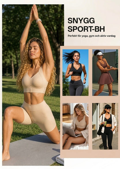 Collage med beige bh på kvinna som gör yoga i en park samt fyra bilder av bh:n i träning och vardag. 9