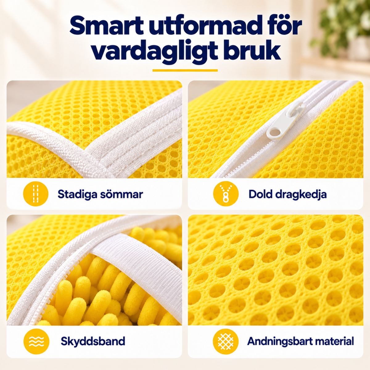 Fyra närbilder av den gula nätpåsen: kantband, dolt blixtlås, chenillefoder och luftigt nätmaterial 7