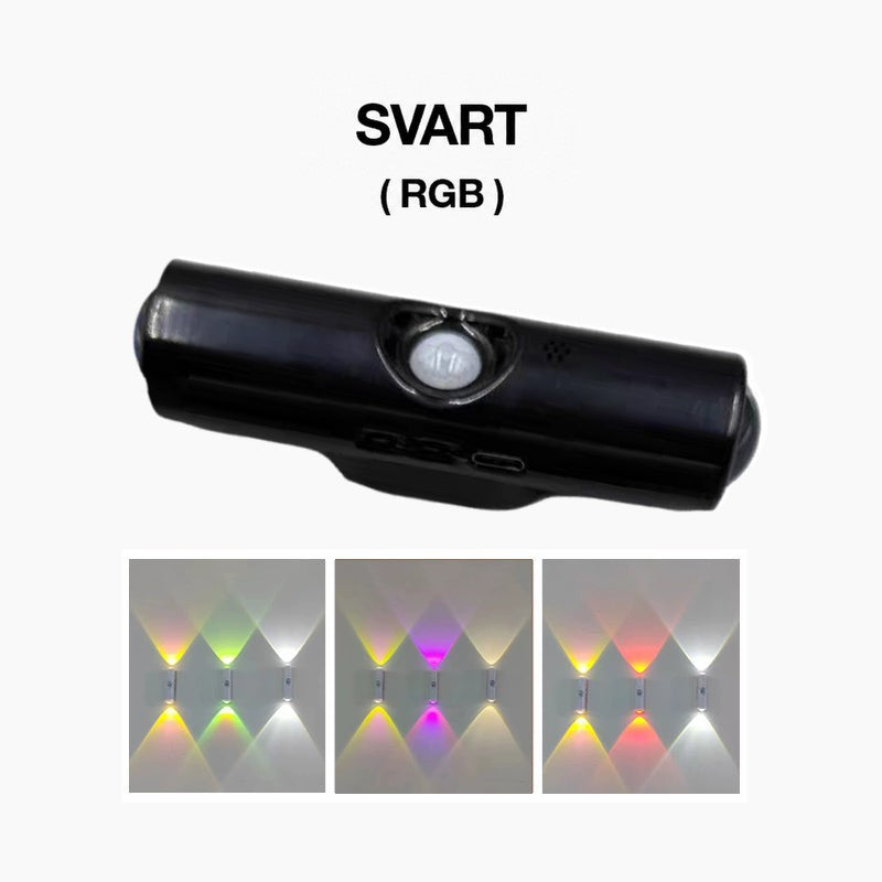 Svart vägglampa med rörelsesensor, under den tre bilder av väggen i färgskiftande RGB-ljus 4