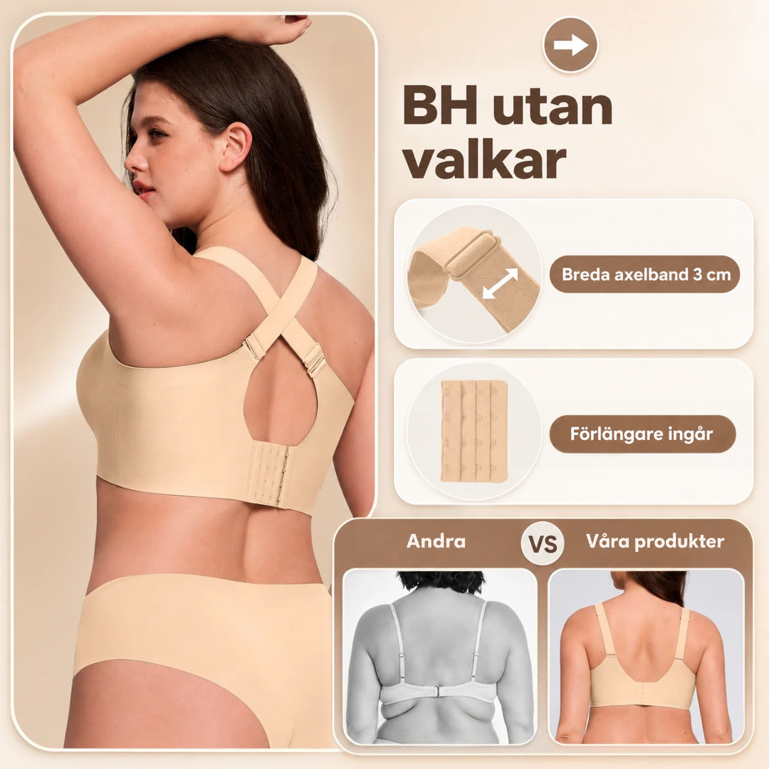 Modell sedd bakifrån i beige bh med korsade axelband, hakar och jämförelse med annan bh 3