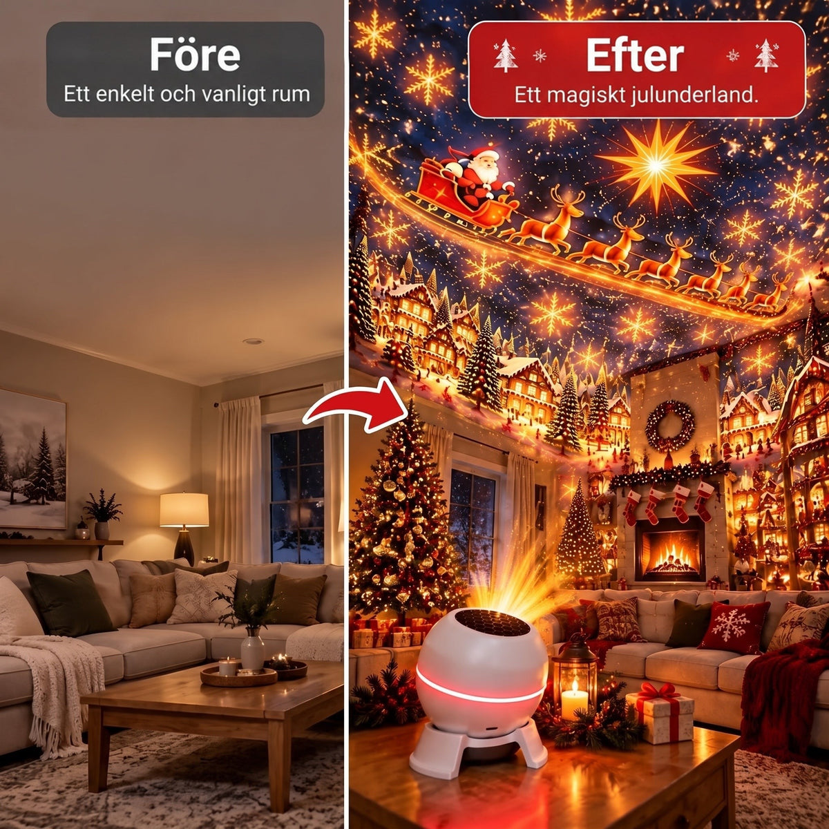 Före och efter i samma vardagsrum: till vänster ett vanligt rum, till höger förvandlat av projektorns julmotiv med tomte, renar och byar. 3