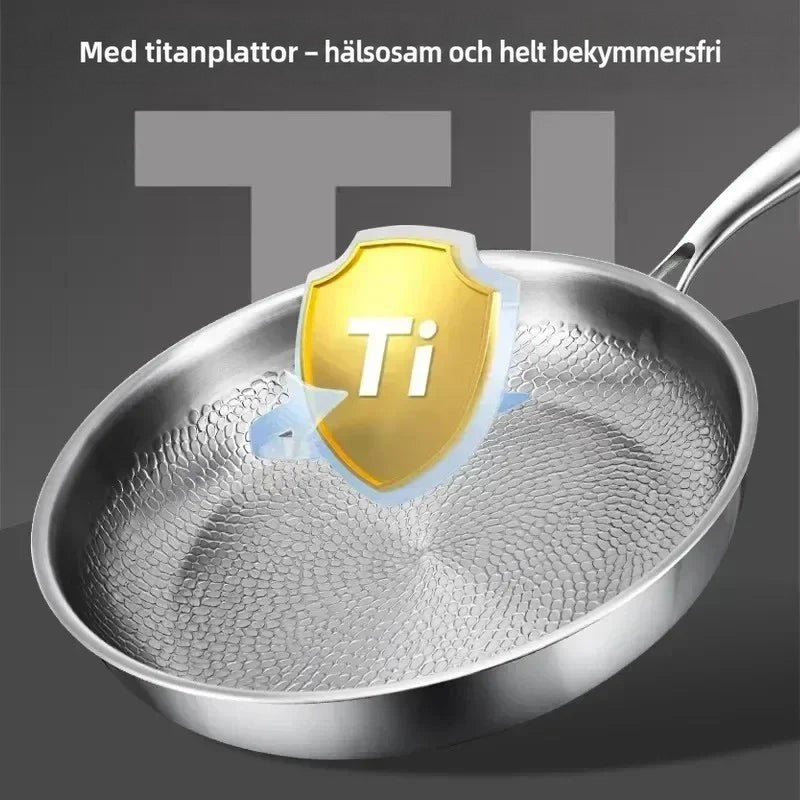 Pannan med hamrat mönster och en guldfärgad sköld med symbolen Ti över botten, som illustrerar titanmaterialet. 6