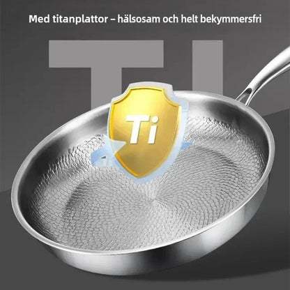 Pannan med hamrat mönster och en guldfärgad sköld med symbolen Ti över botten, som illustrerar titanmaterialet. 6