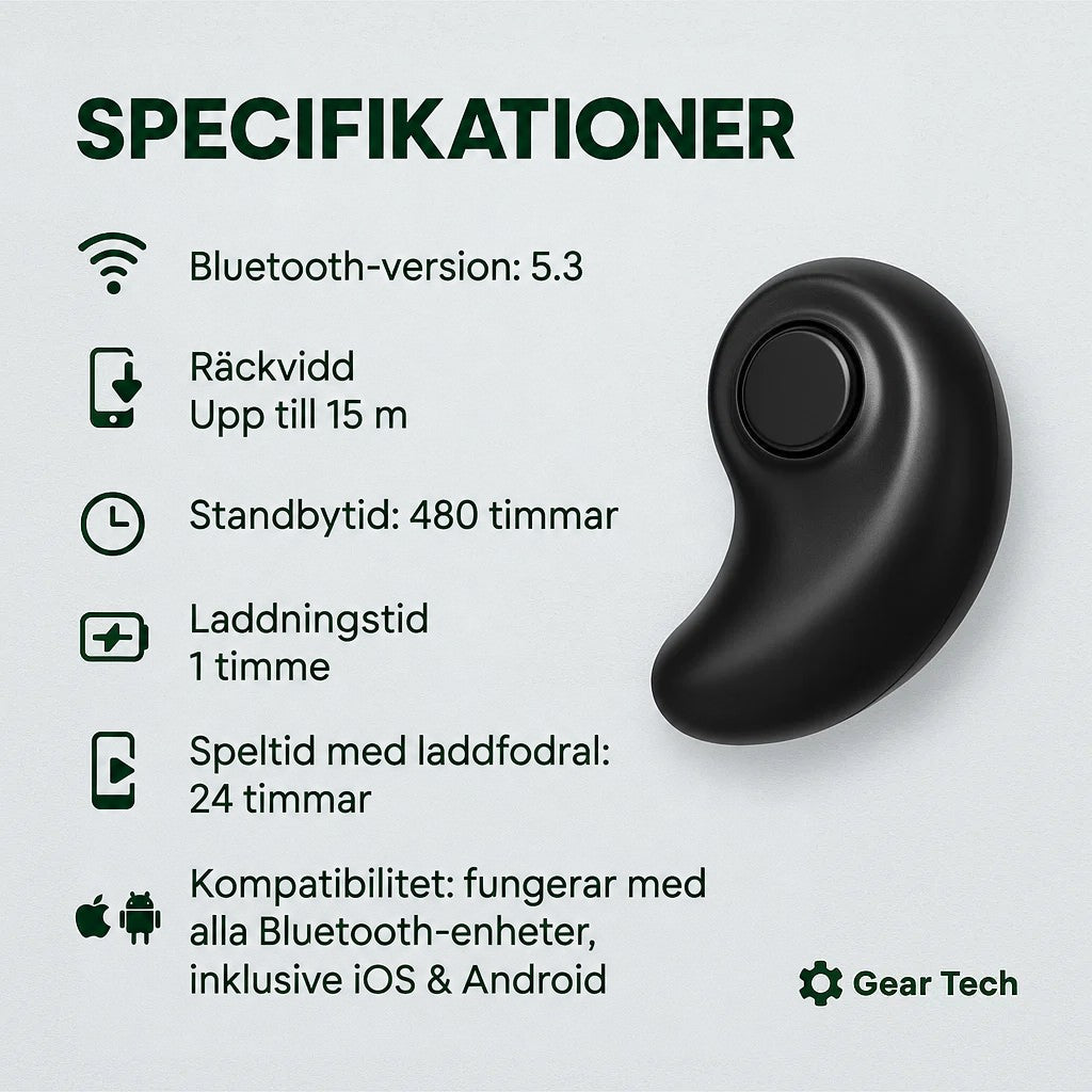 Svart, böjd öronsnäcka med rund knapp fotograferad fristående bredvid en lista med tekniska specifikationer 5