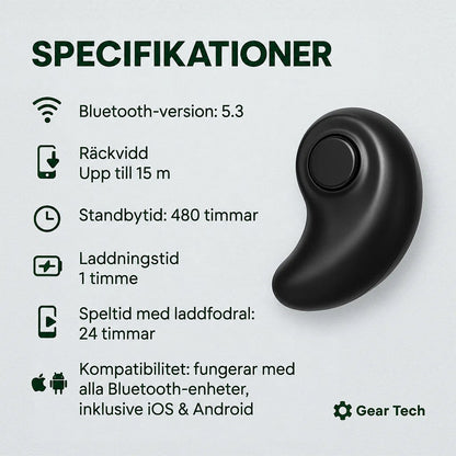 Svart, böjd öronsnäcka med rund knapp fotograferad fristående bredvid en lista med tekniska specifikationer 5