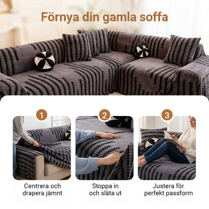 Hörnsoffa med grått överdrag och tre steg för att lägga på, stoppa in och släta ut 6