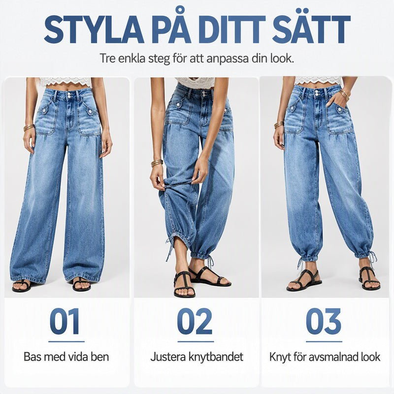 Tre steg som visar jeansen med rak vid passform, justering av knytfållen och avsmalnande look med knuten fåll. 8